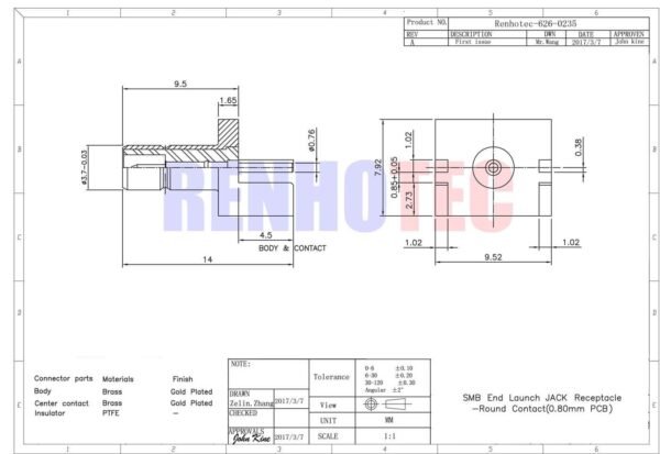 SMB RF Coax Female Straight Gold Plated for Edge Mount - Image 2