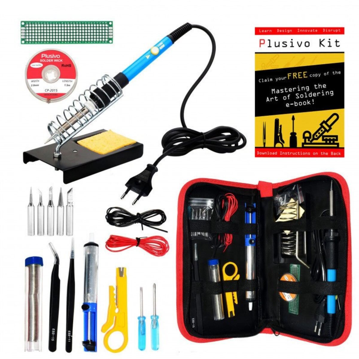Plusivo 60W Adjustable Temperature Soldering Iron Kit – Includes Solder Wire, Paste, Stand & E-Book